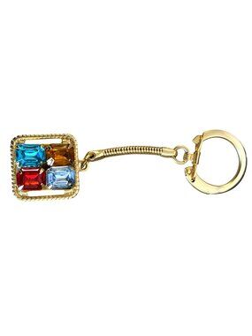 intage Gold Tone Rhinestone Keychain Multi Color Emerald Cut Stones Mid Century